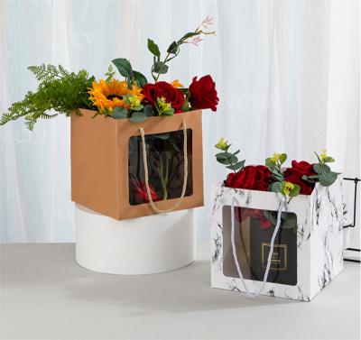 100% Recyclable Elegant Square Floral Flower Bouquet Paper Bag with Window